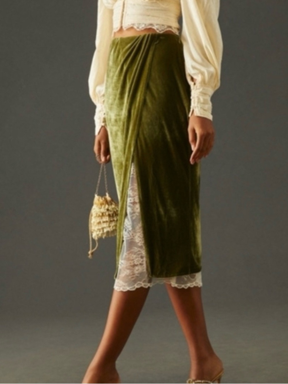 Anthropologie Olive Velvet Wrap Midi Skirt with Lace Panel
